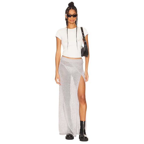 superdown Keva Wrap Maxi Skirt in Metallic Silver Small New Womens Coverup - Picture 1 of 9